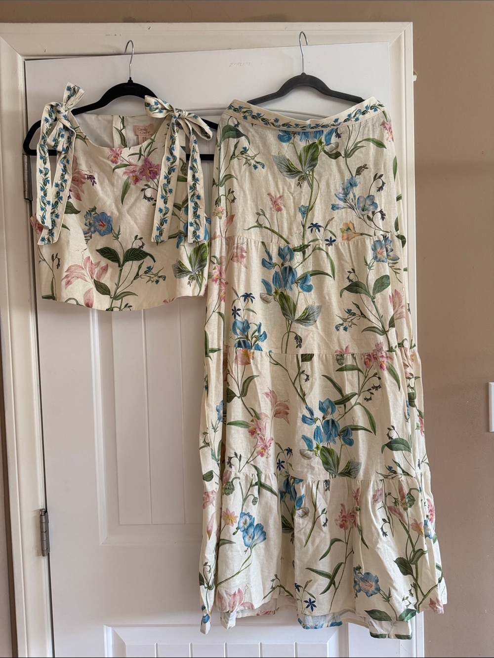 Camila Coelho Cream Floral Tie-Shoulder Set with Blue & Pink Blooms